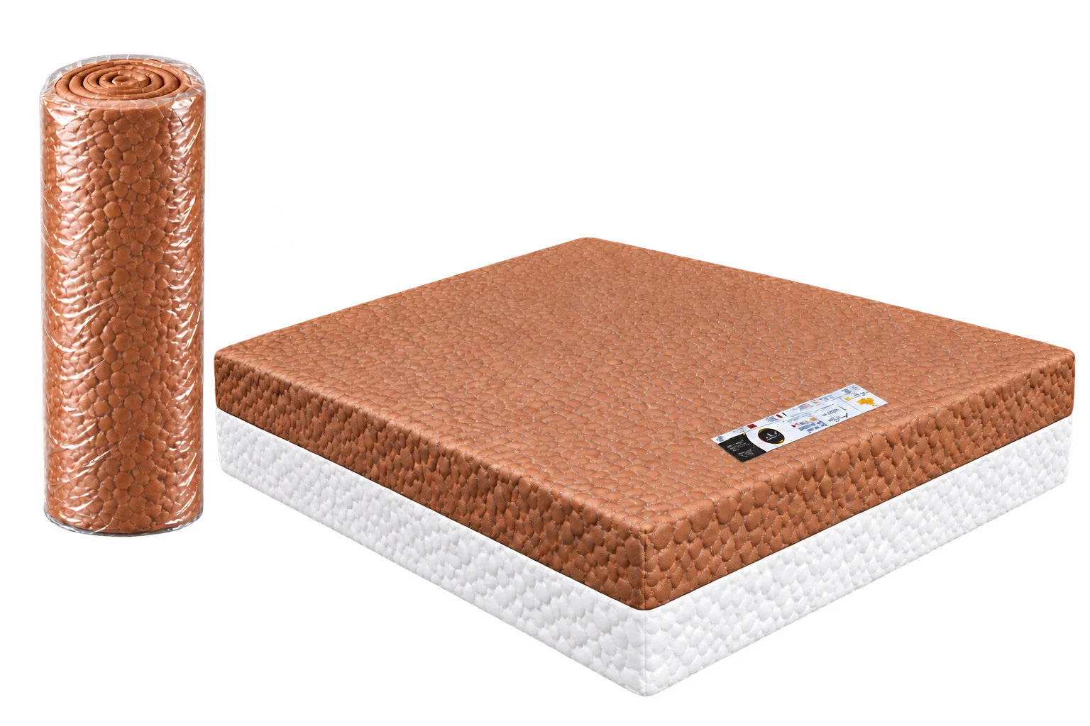 Matelas EasyRoll brun et blanc, accompagné du matelas roulé sous emballage transparent