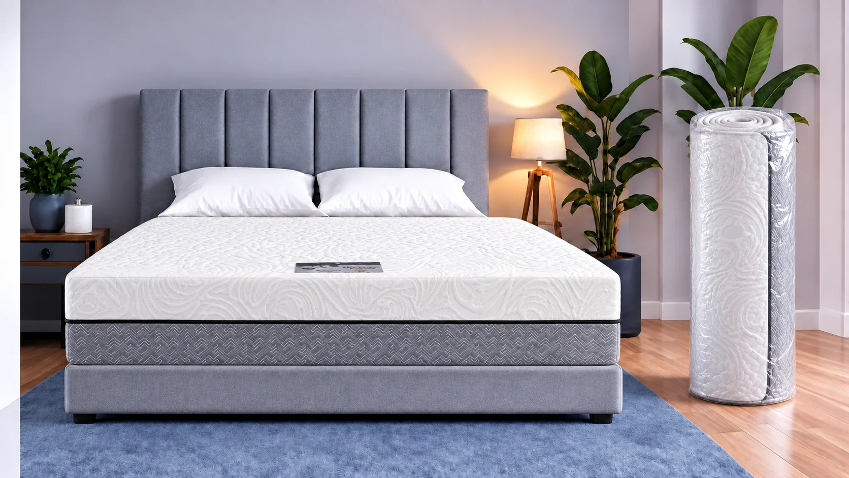 Matelas blanc sur un lit gris dans une chambre, accompagné du matelas roulé sous emballage transparent